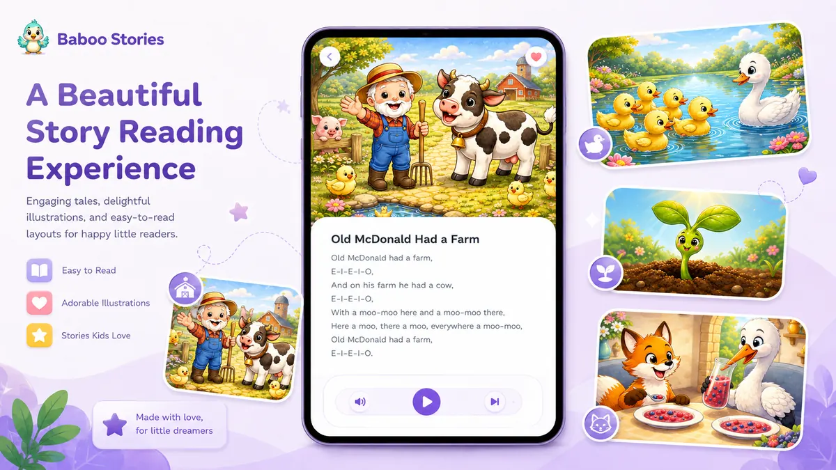 Baboo Stories app showing an illustrated Old MacDonald story reading screen