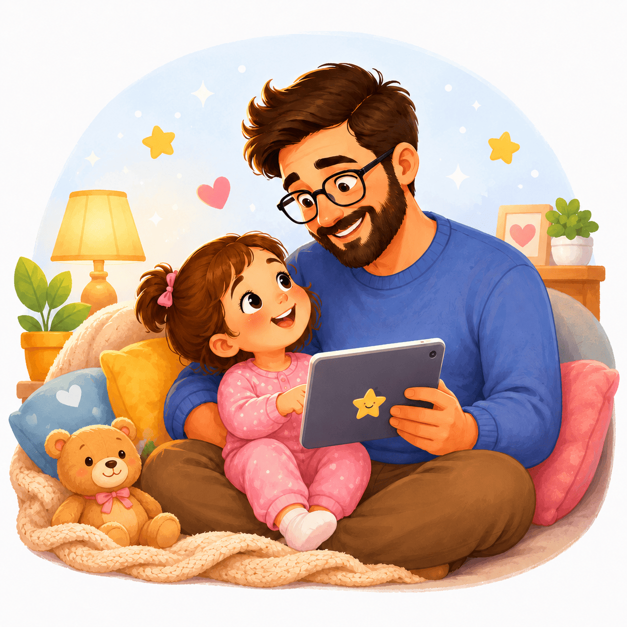 Cartoon-style illustration of Pavitra reading with his child