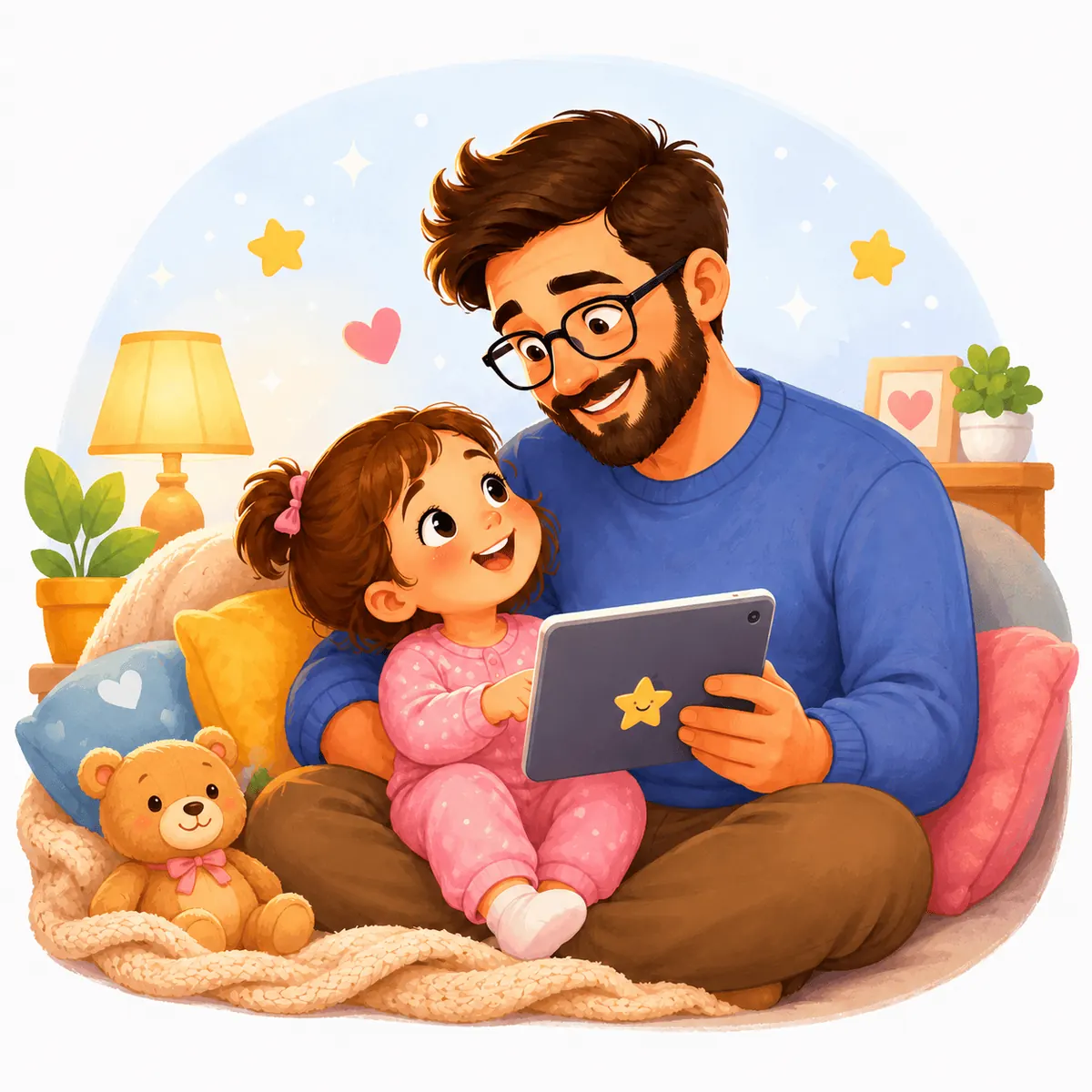 Cartoon-style illustration of Pavitra reading with his child