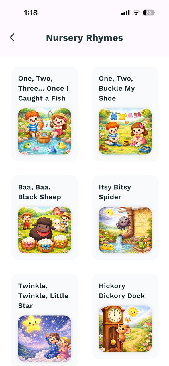 Baboo Stories nursery rhymes list showing familiar rhymes including Baa Baa Black Sheep, Itsy Bitsy Spider, and Twinkle Twinkle Little Star