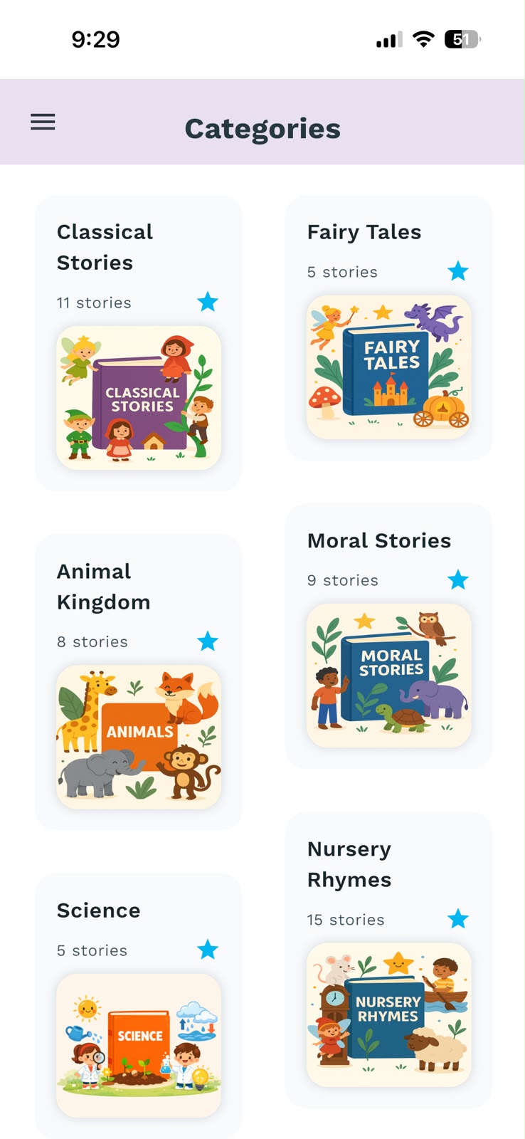 Baboo Stories app showing story categories parents can choose from