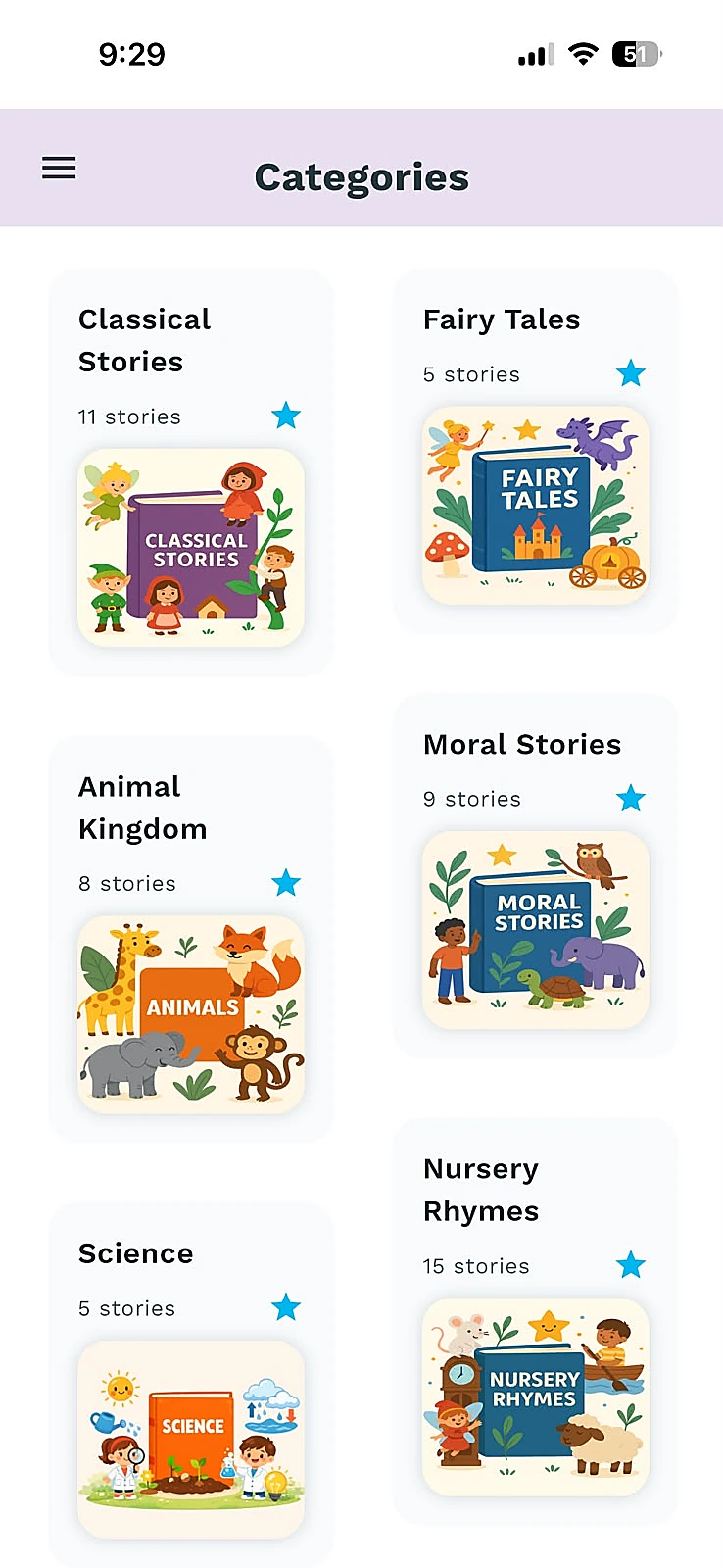 Baboo Stories category screen with story collections