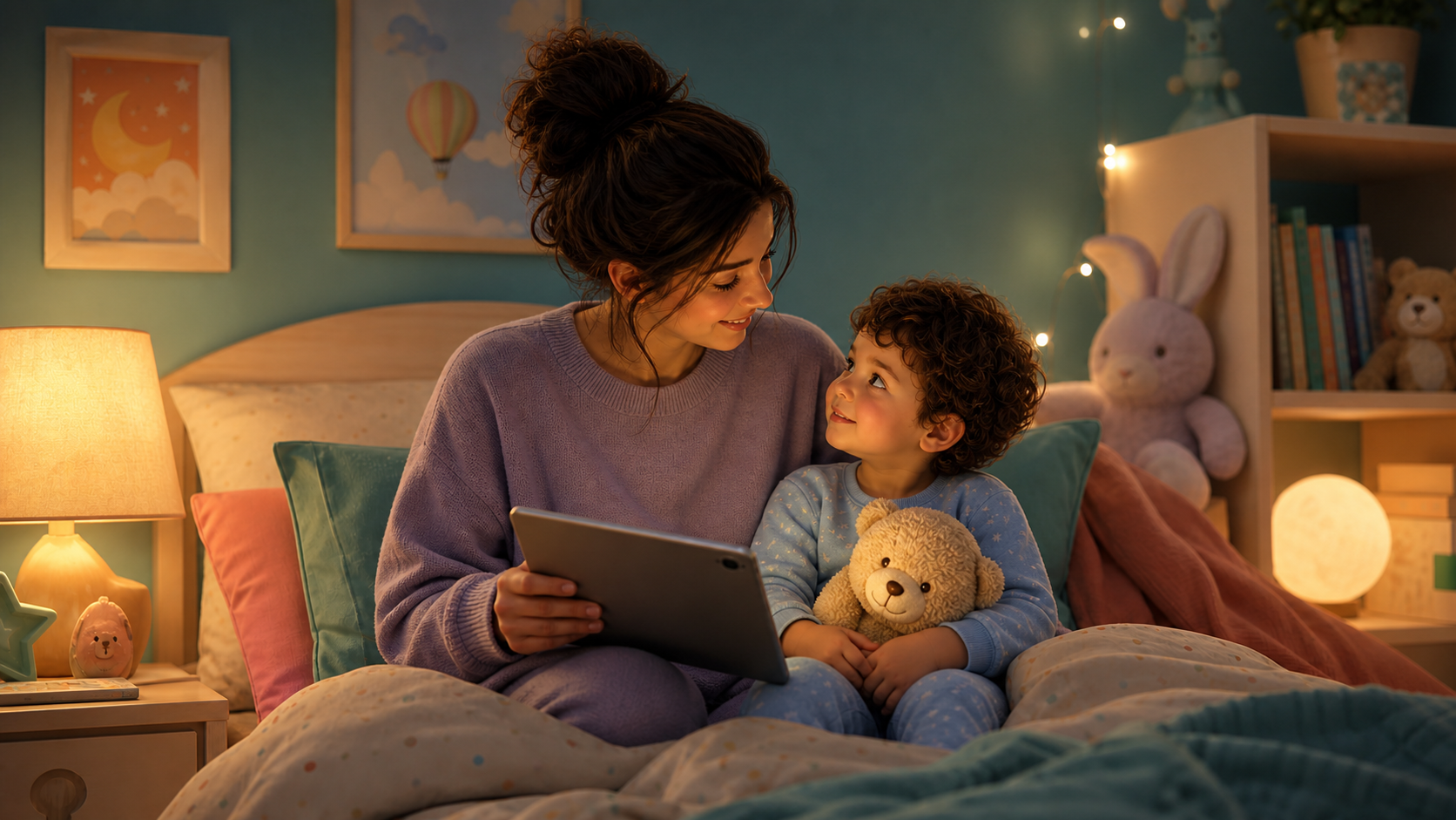 Mom holding a tablet for a parent-led toddler bedtime story while her child looks at her in a calm bedtime routine