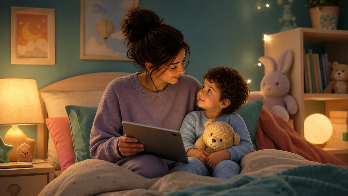 Parent using a tablet to read a bedtime story with a toddler