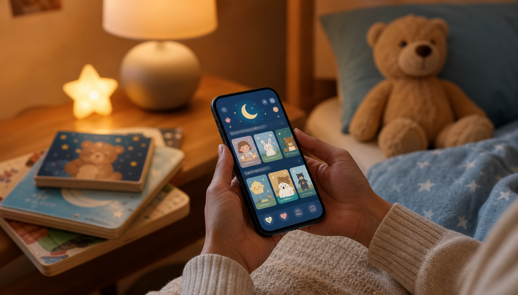 Parent holding a bedtime story app on a phone beside toddler books and a plush toy