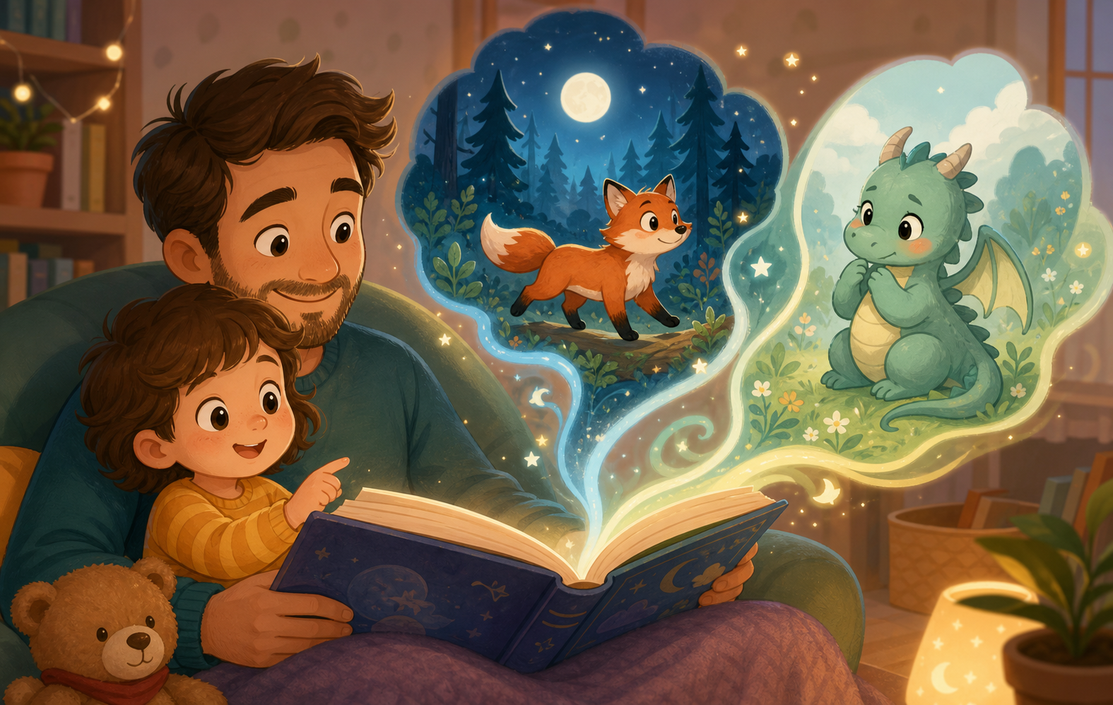 Father figure and child choosing playful story paths with action and cuddle prompts