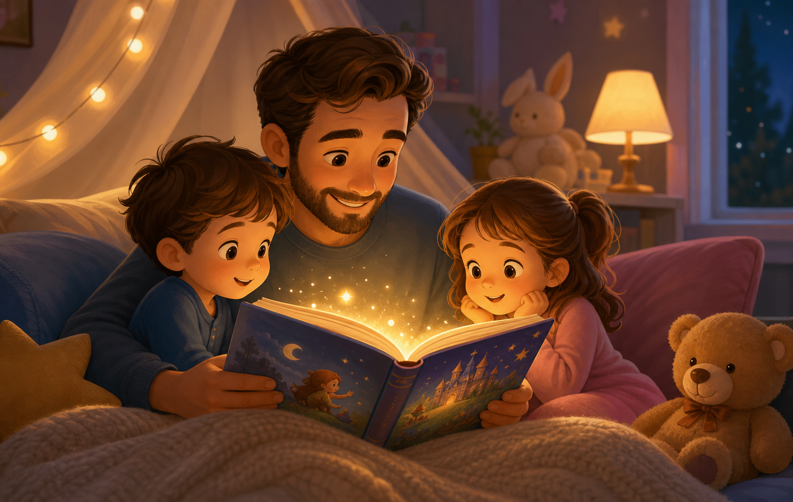 Father figure cuddling two children while reading a glowing storybook