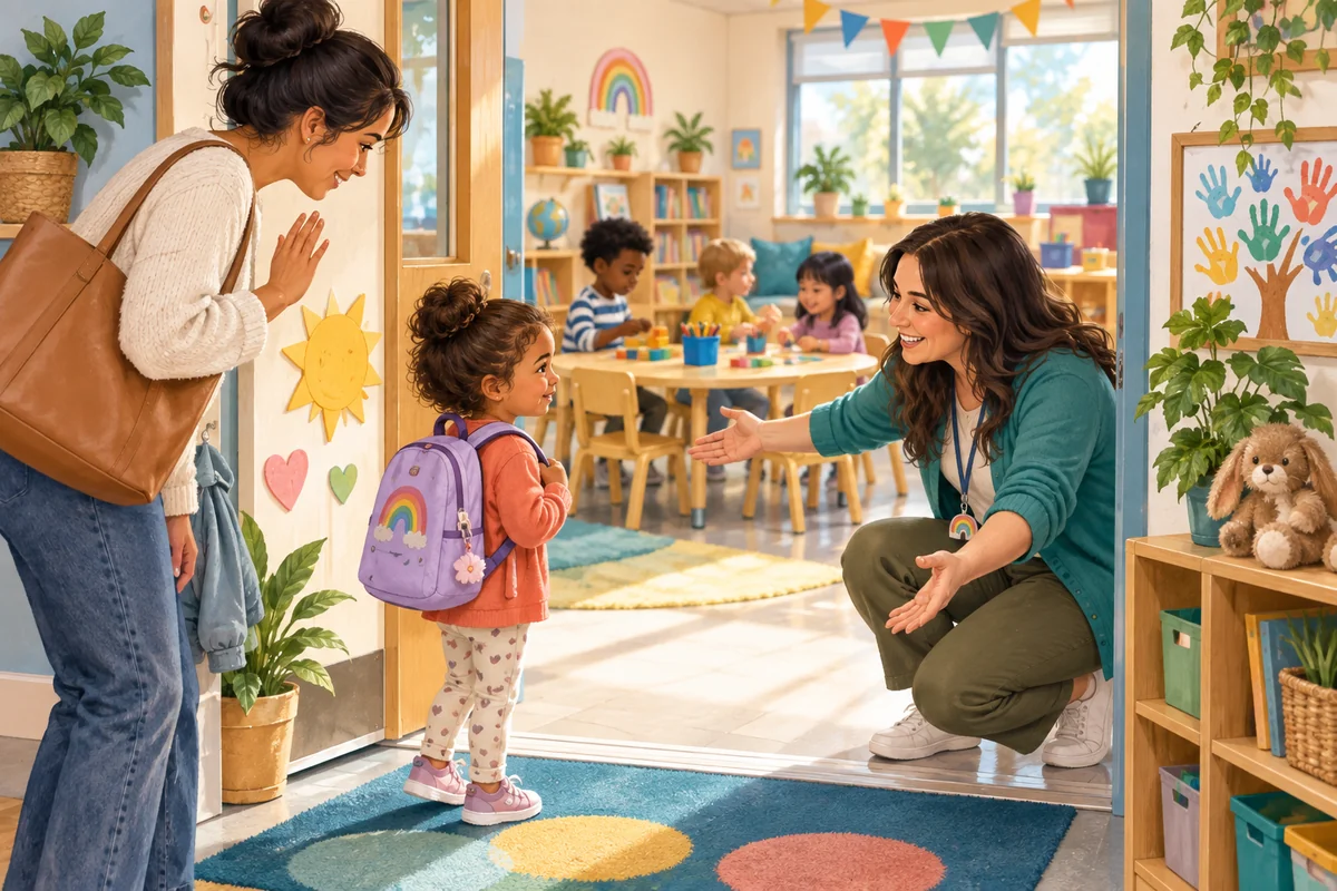 A parent saying goodbye to a child at the preschool gate