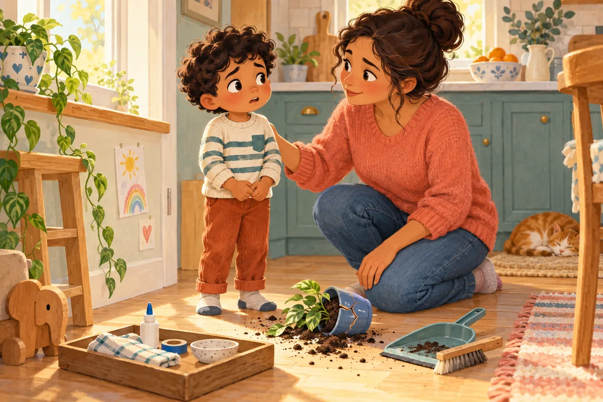 A child telling a parent about an accidentally cracked blue plant pot
