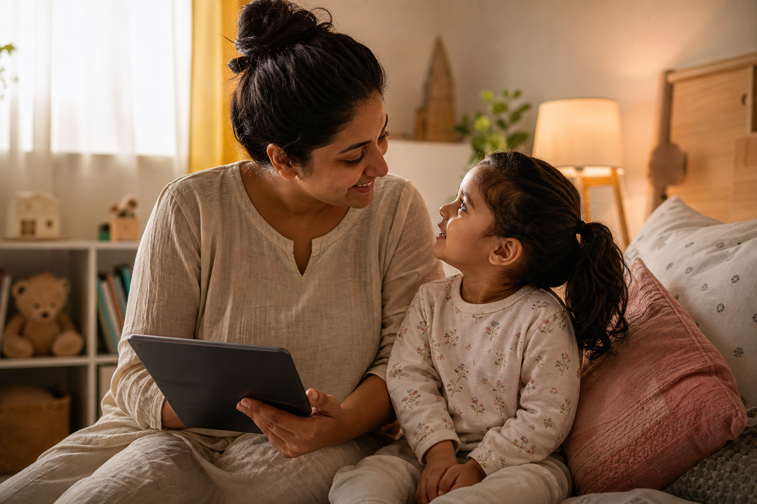 A parent holding a tablet while a child looks up at them during story time