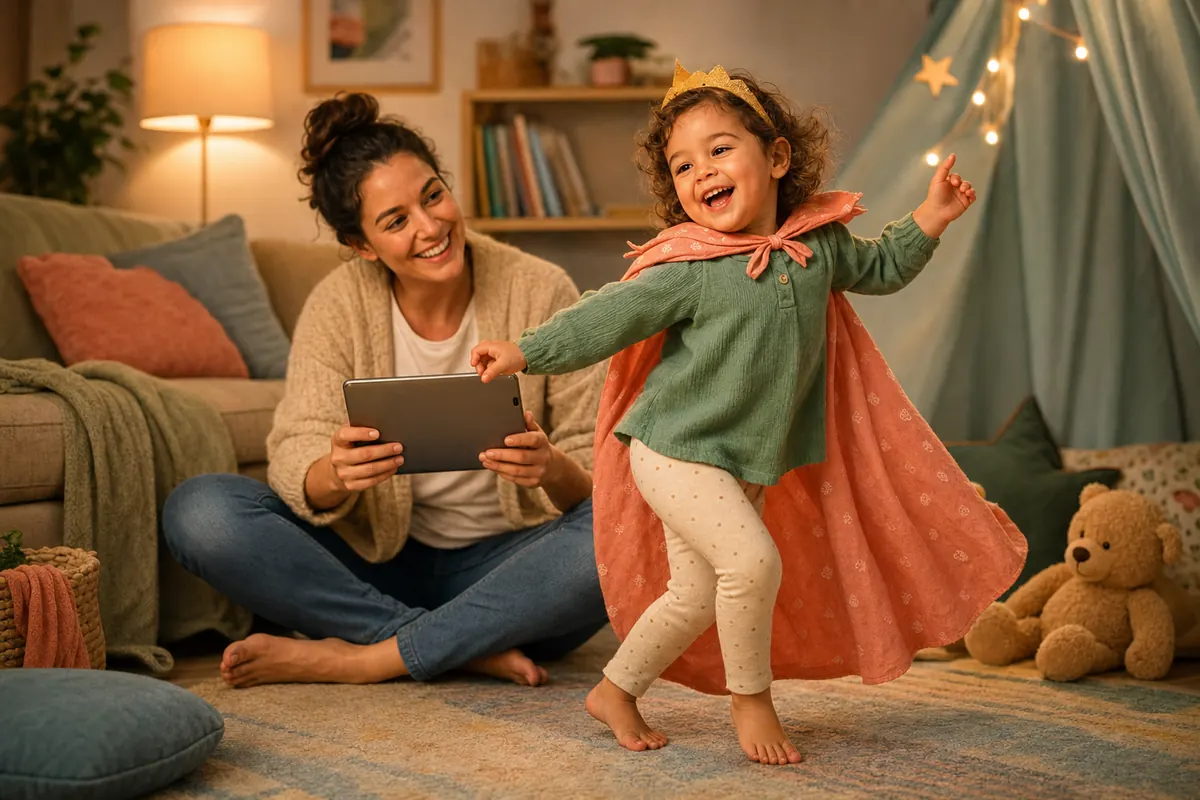 A parent holding a tablet while a toddler dances during story role play