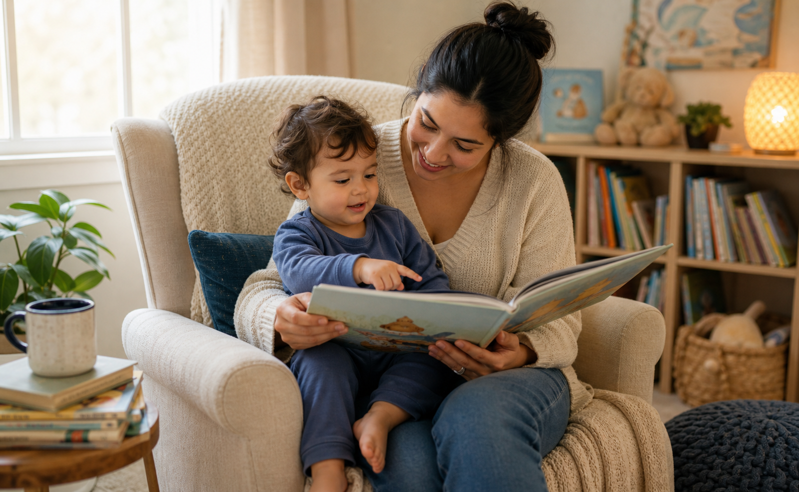Parent reading a picture book with a toddler who is pointing at the story