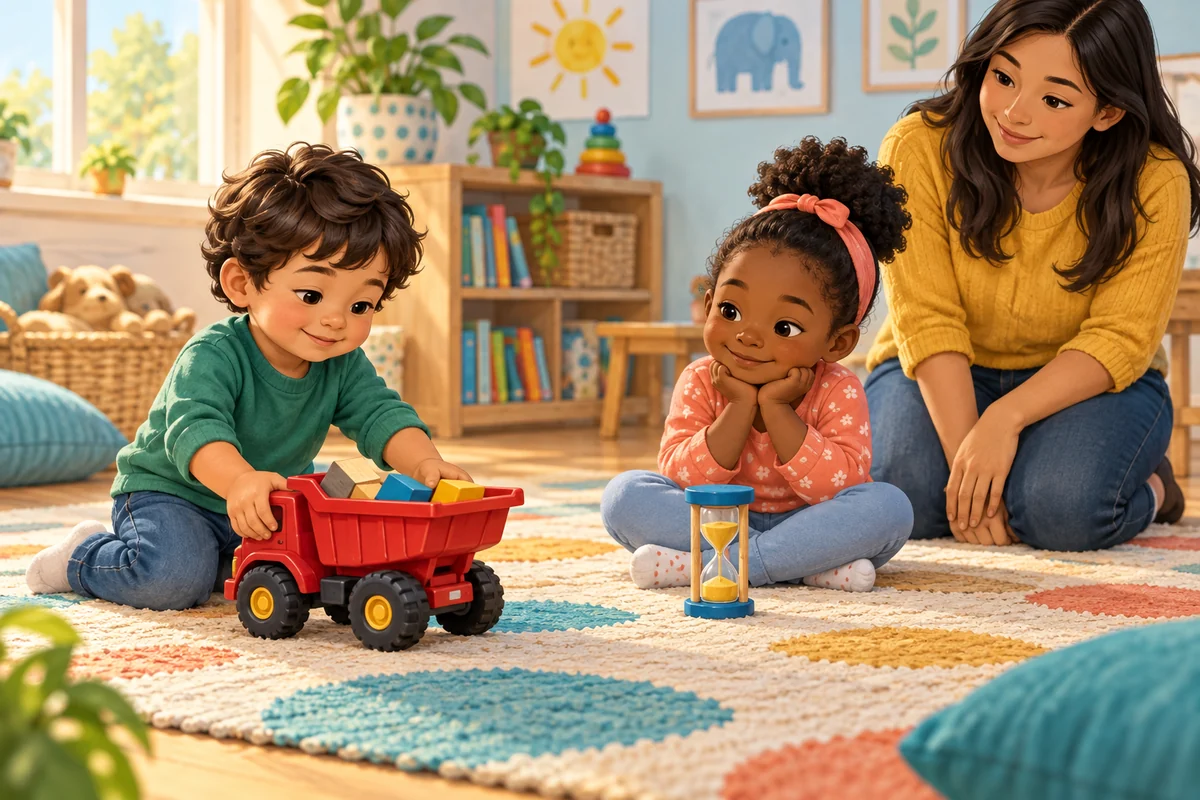 Two children taking turns with one red toy truck and a sand timer