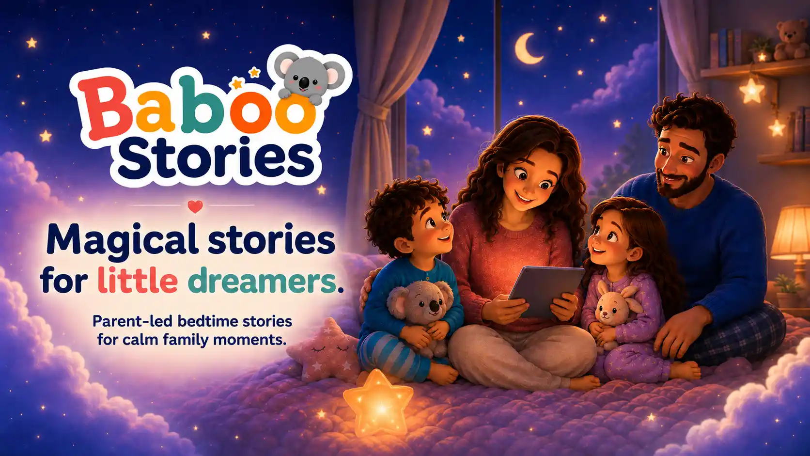 Baboo Stories bedtime story app banner showing a family reading magical stories together