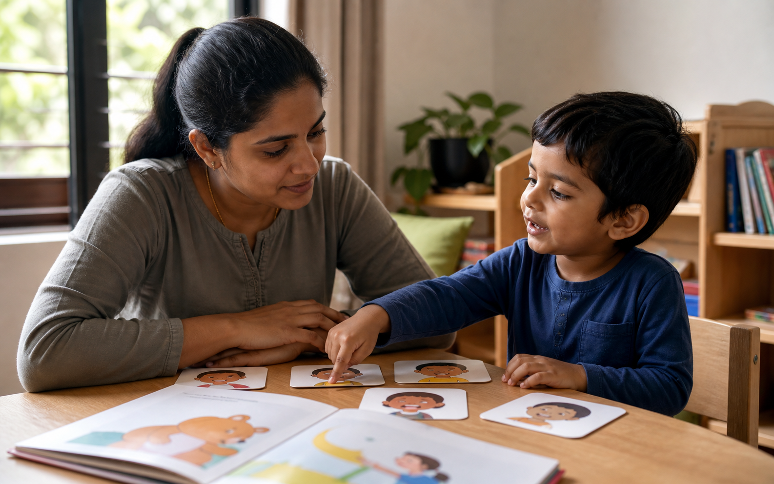 Parent listening while a child points to emotion cards after storytime
