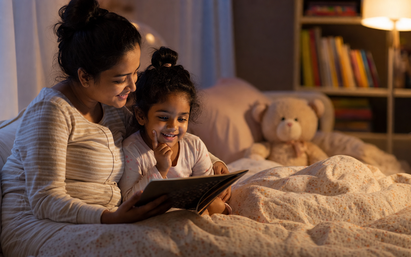 Parent and child using gentle storytelling prompts after a bedtime story