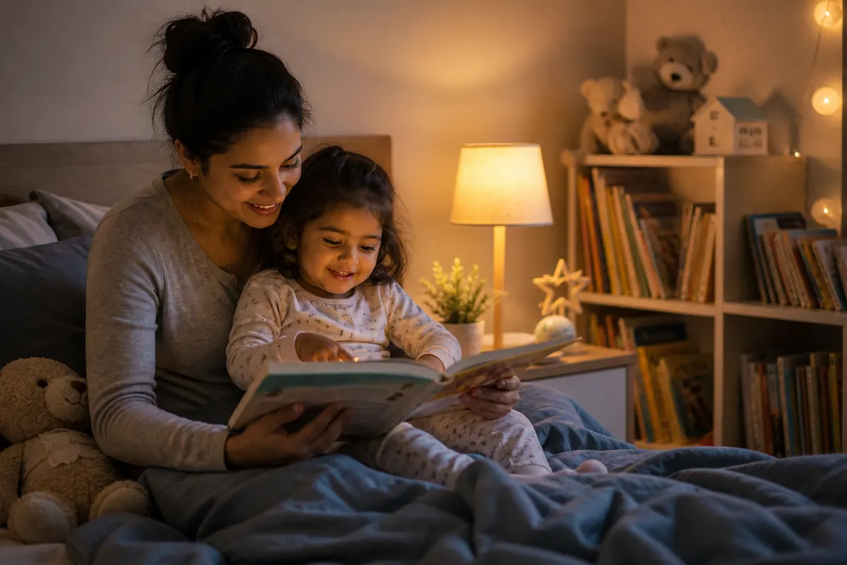 Parent reading a gentle bedtime story with a toddler