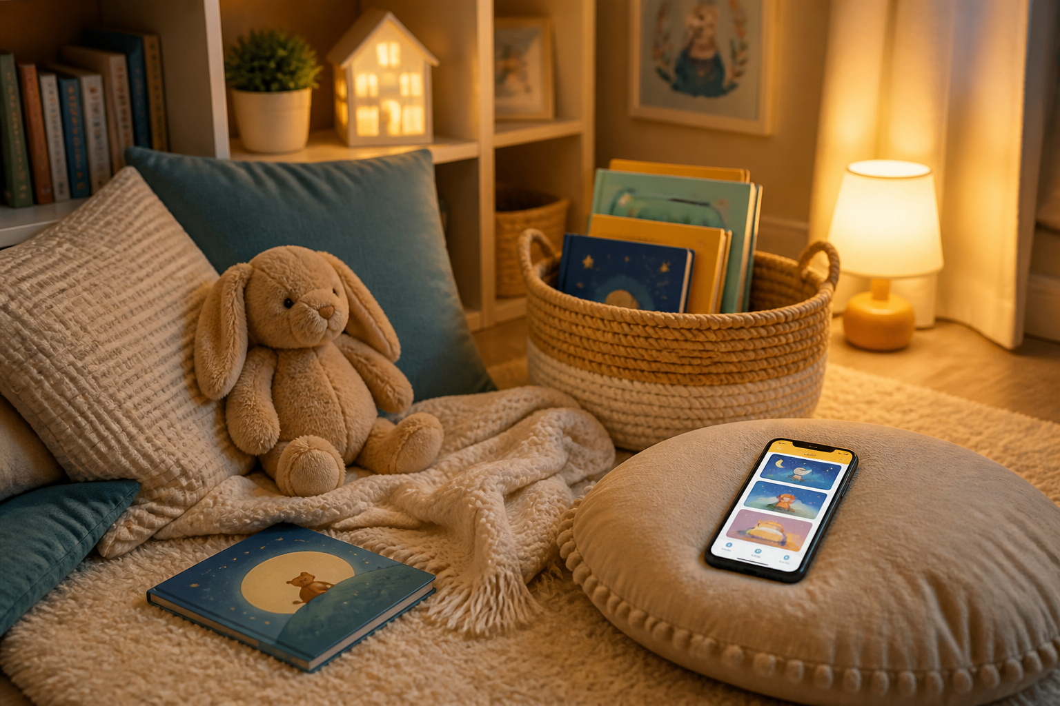 Cozy toddler reading corner with books, a plush toy, and a story app nearby