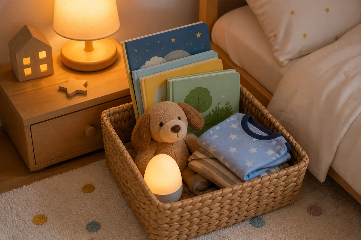 Basket of toddler bedtime books, pajamas, a plush toy, and a soft night light