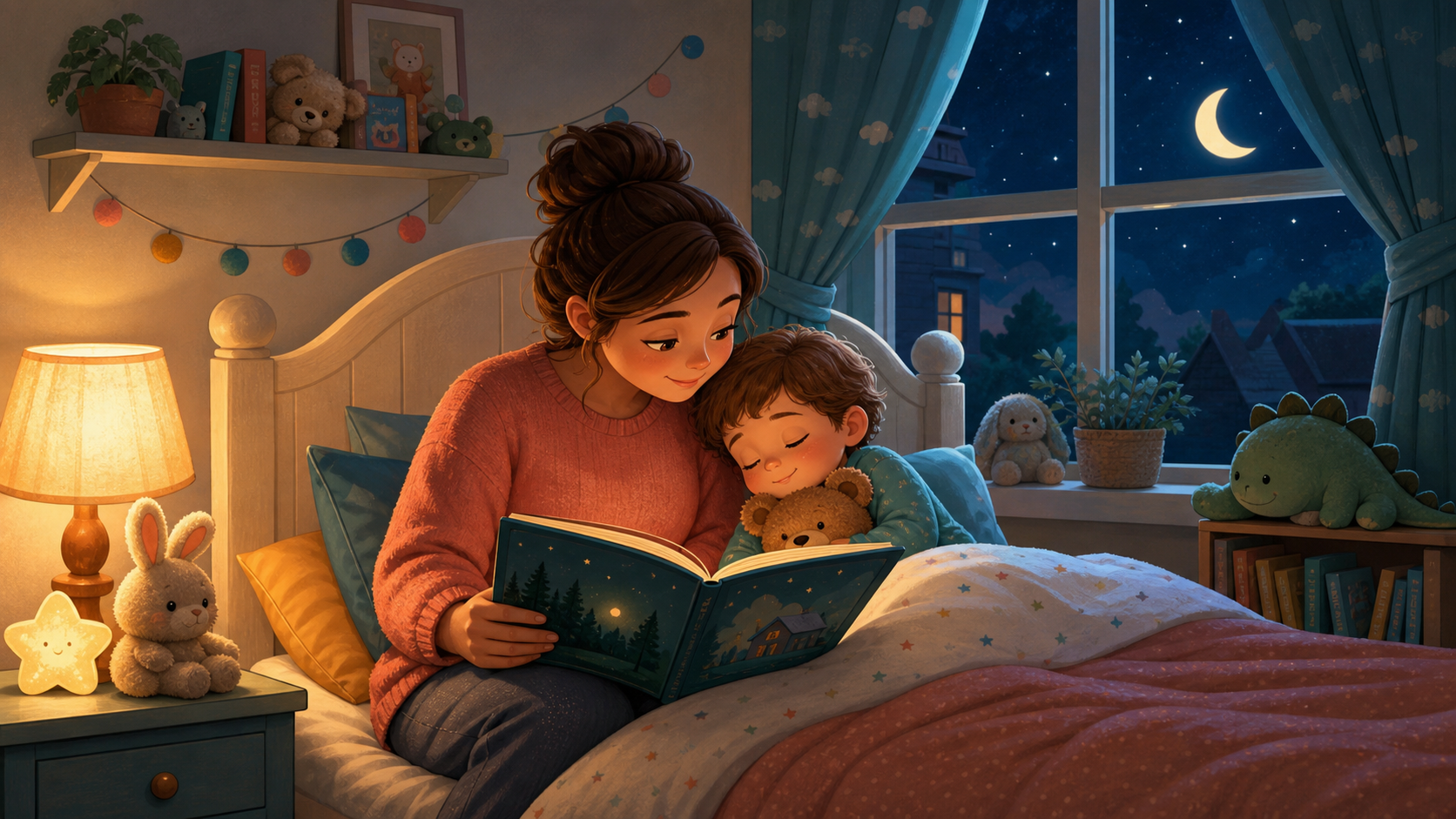 A cozy graphic showing four bedtime story routine steps for toddlers: dim lights, one cozy story, slow voice, and same goodnight