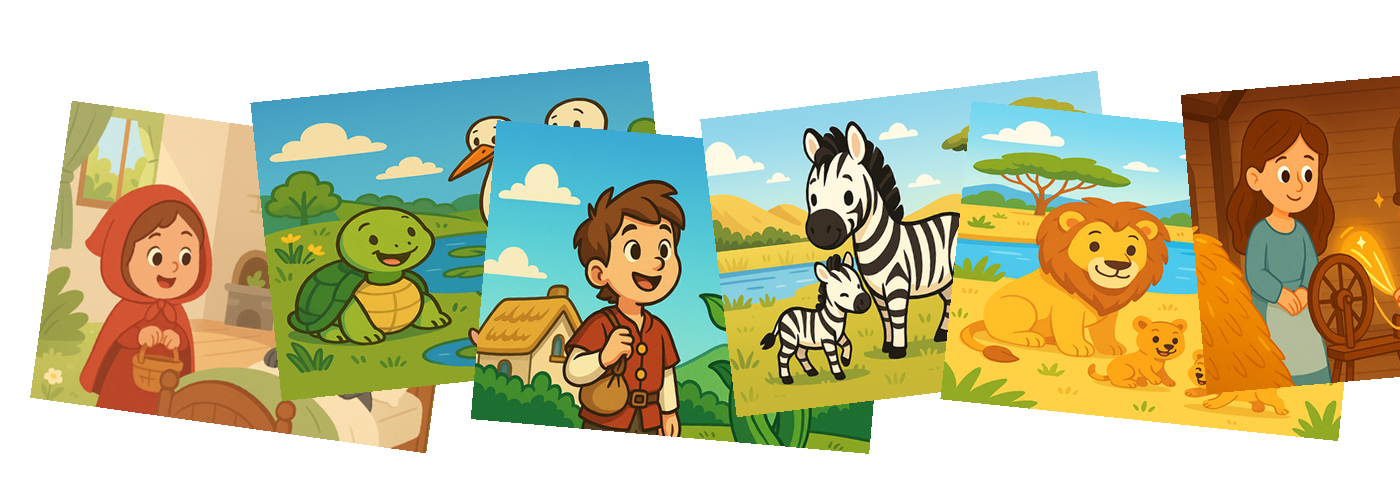 Illustrated collage of Baboo Stories characters and story scenes